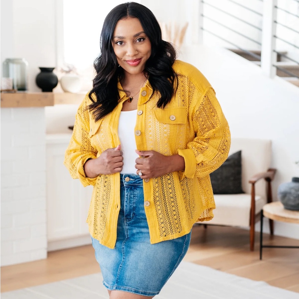 NWT Yellow Crochet Lace Button Down Shacket Top